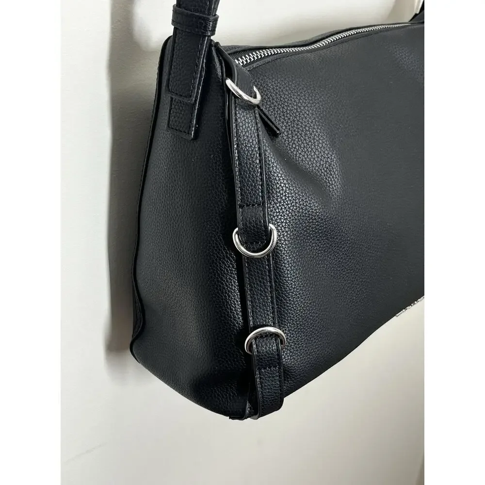 Tahari Avery Vegan Leather Hobo Bag Black Zip Top Large Tote Handbag